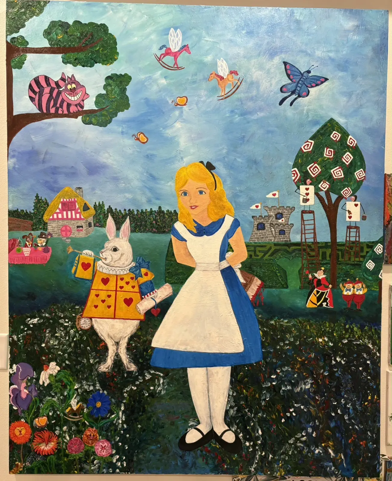 Original Alice in Wonderland folk art painting with Alice in a blue dress and the White Rabbit in gold